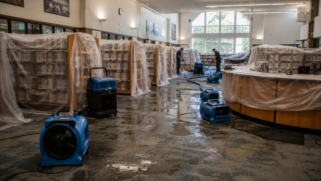 Public library undergoing water damage restoration with covered bookshelves, drying equipment, and protected documents