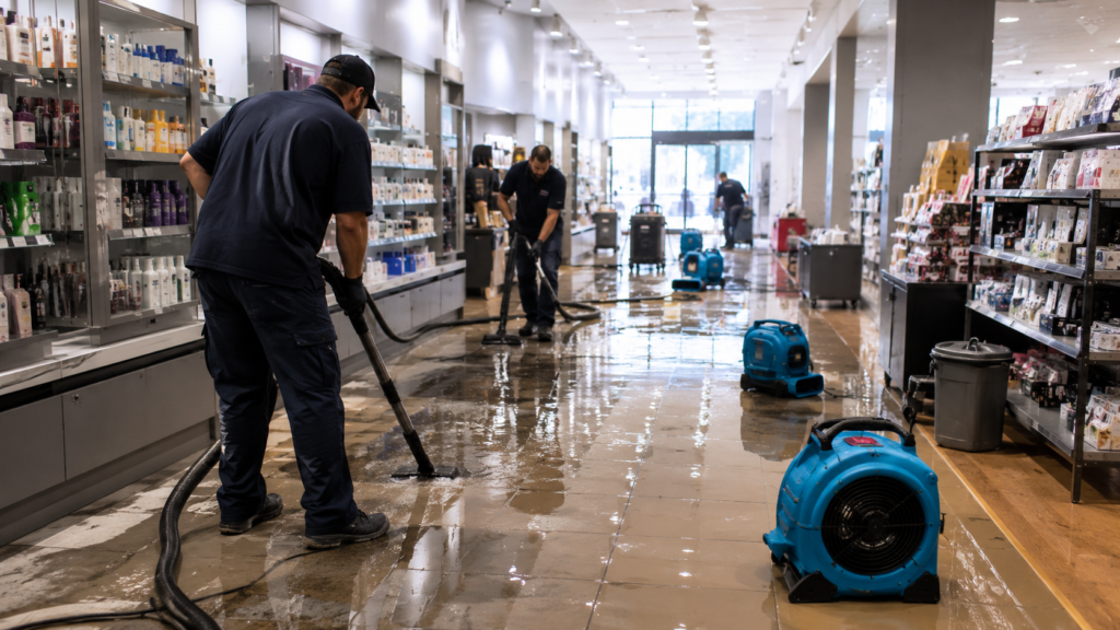 Retail store interior undergoing water damage restoration with drying equipment and technicians working in Rockford Illinois