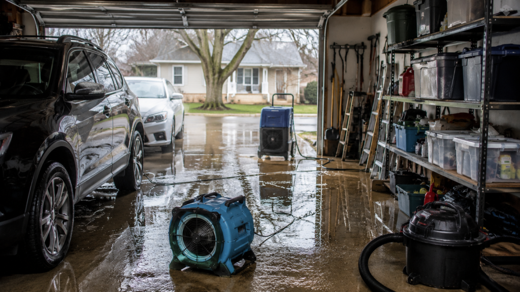 Flooded residential garage with standing water and professional drying equipment during restoration in Rockford Illinois