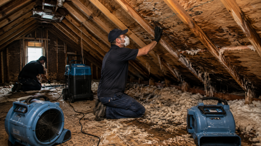 Water-damaged attic with stained roof beams, wet insulation, and restoration specialists inspecting moisture damage