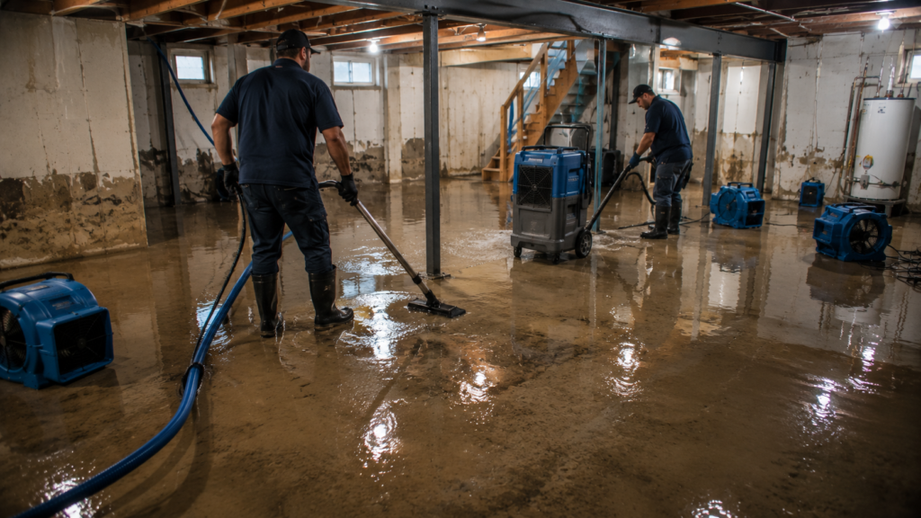Flooded basement with standing water and professional water extraction equipment during emergency restoration