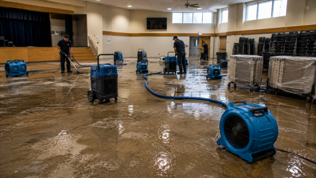 Community center gathering hall with water damage, drying equipment, and restoration technicians protecting facility contents