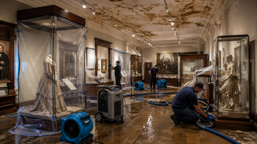 Historic museum interior with protected exhibits and restoration equipment addressing water damage and moisture issues