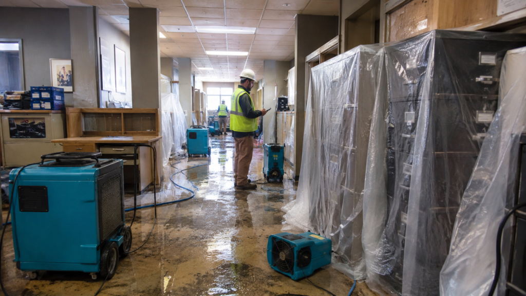 Professional restoration technicians inspecting water damage inside a government office building in Rockford IL with industrial drying equipment and protected records.