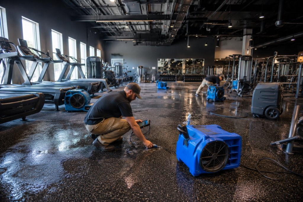 Restoration crew drying a commercial fitness center after flooding in Rockford IL using moisture detection tools and industrial air movers around gym equipment.