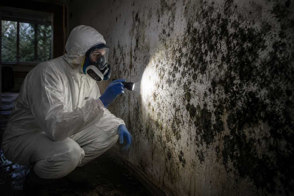 Mold remediation technician wearing a white hazmat suit and respirator inspecting black mold growth on a residential drywall surface with a flashlight.