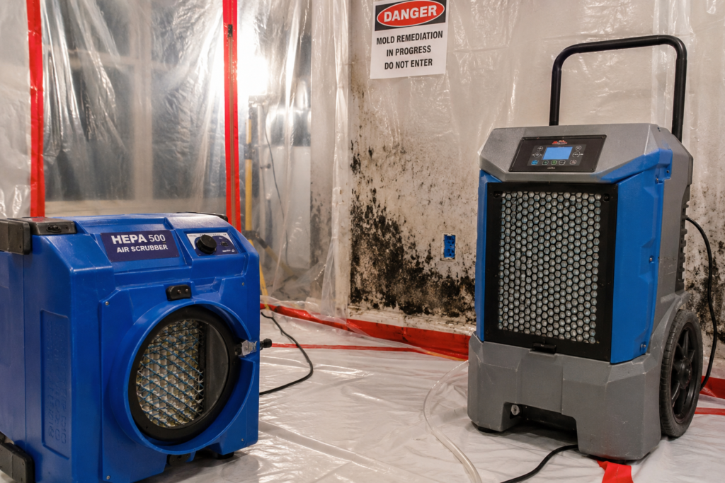 Industrial air scrubber and commercial dehumidifier operating inside a plastic-contained mold remediation work area with visible mold damage on walls.