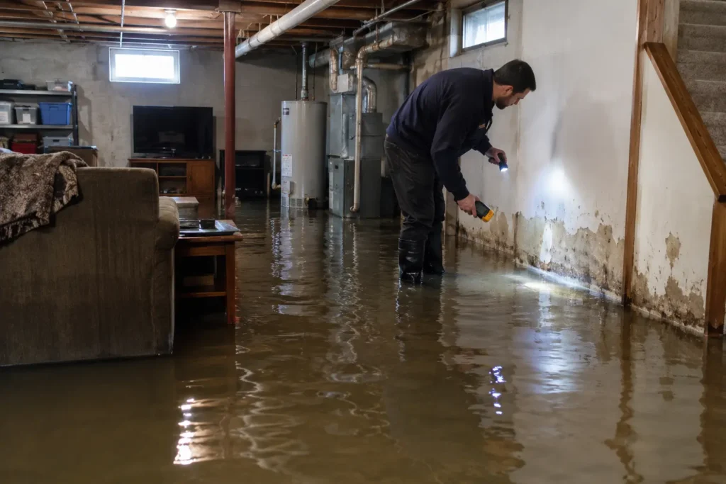 Flooded basement in a Rockford Illinois home with a restoration technician inspecting water damage