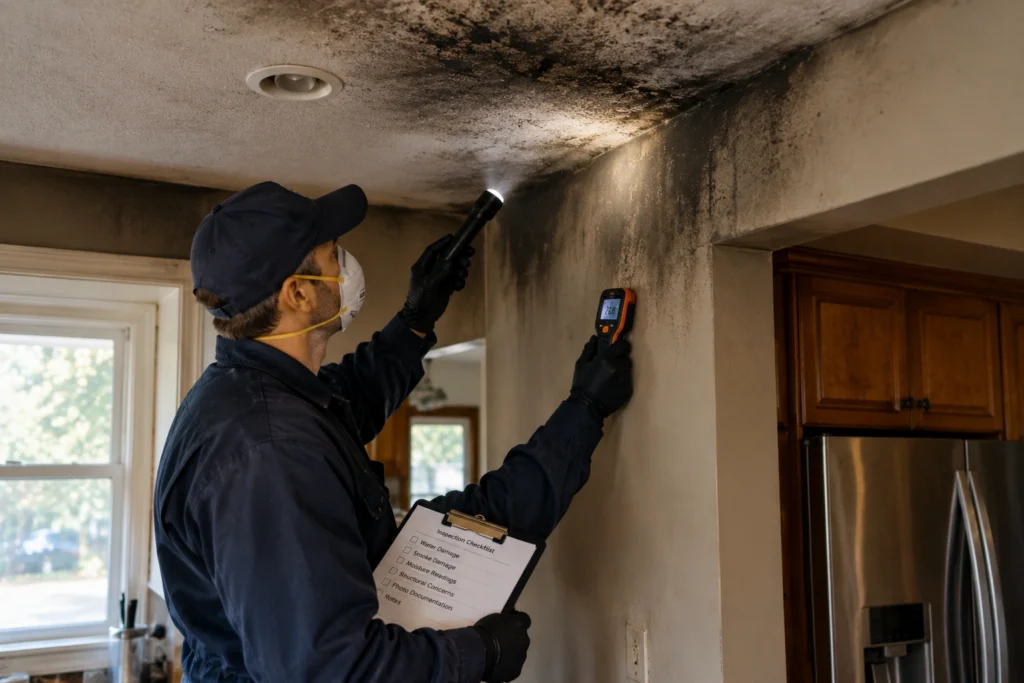 Technician inspecting smoke-stained ceiling for hidden fire damage in Rockford home