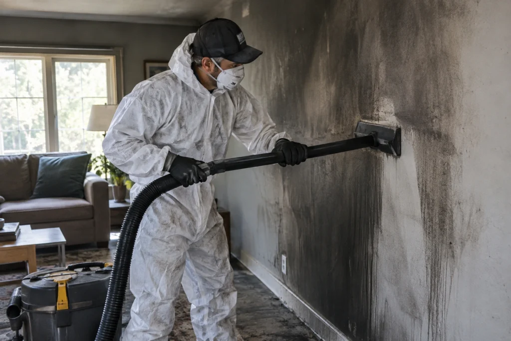 Restoration technician removing soot from a smoke-damaged wall in Rockford, IL home