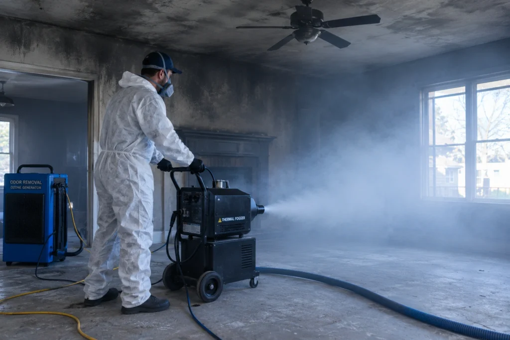 Restoration equipment performing thermal fogging to remove smoke odor from a Rockford home