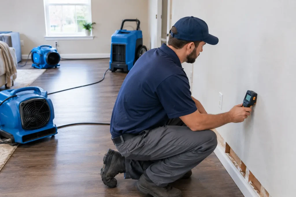 Restoration technician measuring moisture in a wall after water damage