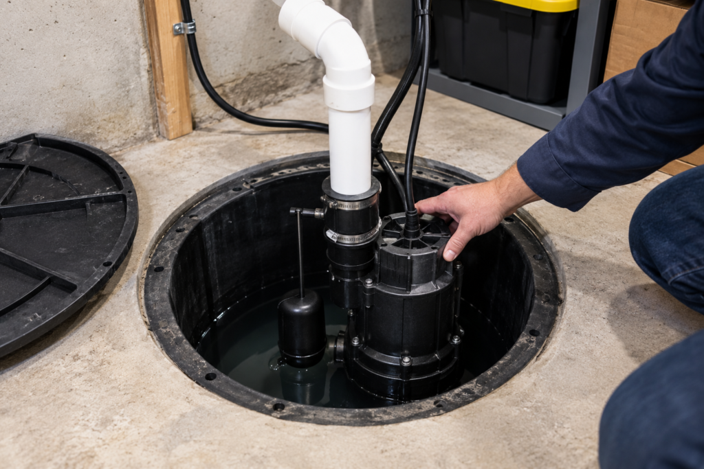 Sump pump installation helping prevent basement flooding in a Rockford home