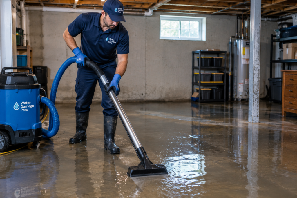 Water damage technician extracting floodwater from a Rockford, IL basement